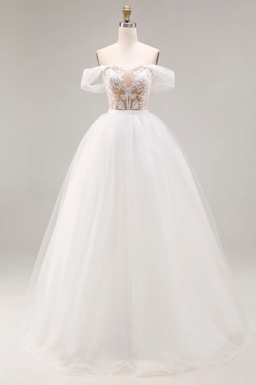 Ivory Off The Shoulder Embroidered Tulle Long Ball Gown Wedding Dress sold by Zapaka