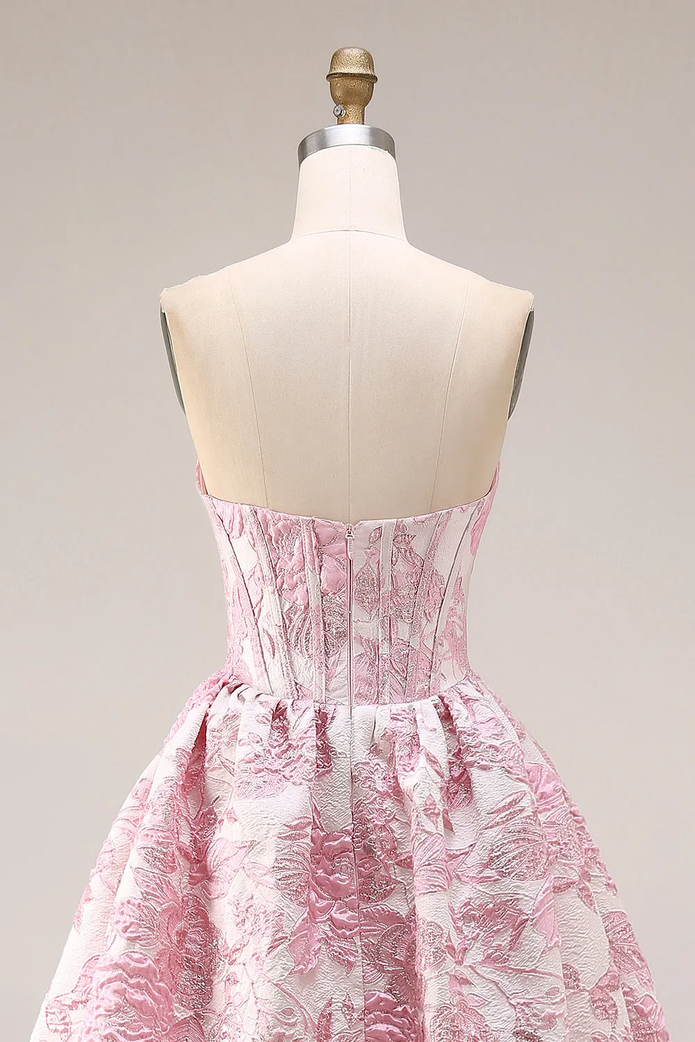 Pink Floral Strapless Corset Jacquard Brocade A-Line Long Prom Dress with Slit sold by Zapaka product image thumbnail 5