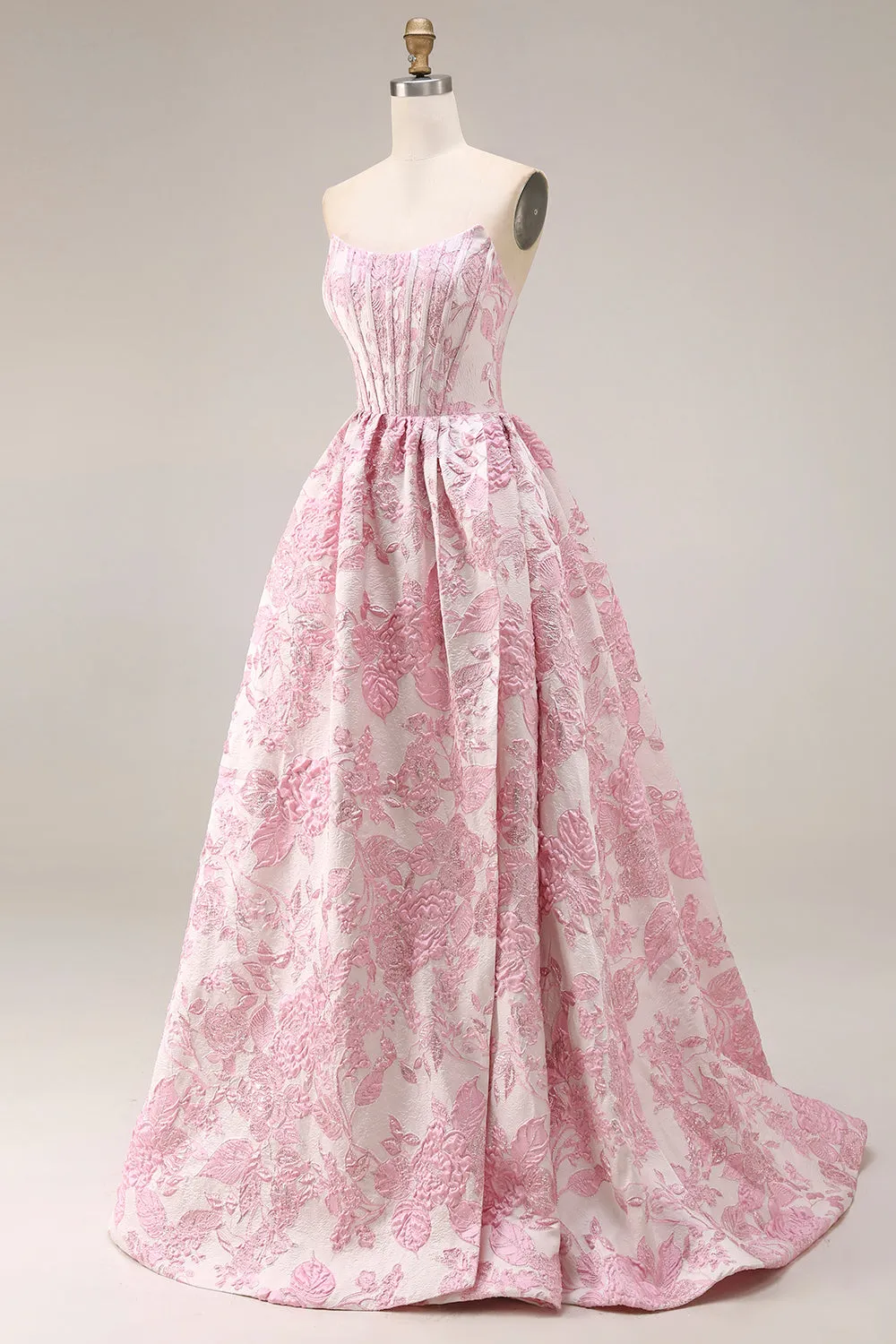 Pink Floral Strapless Corset Jacquard Brocade A-Line Long Prom Dress with Slit sold by Zapaka product image thumbnail 3