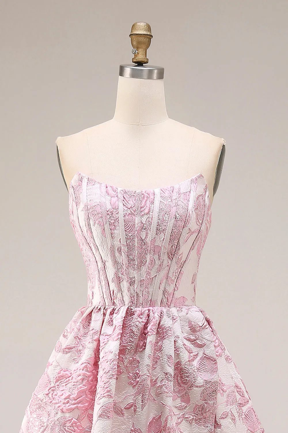 Pink Floral Strapless Corset Jacquard Brocade A-Line Long Prom Dress with Slit sold by Zapaka product image thumbnail 4