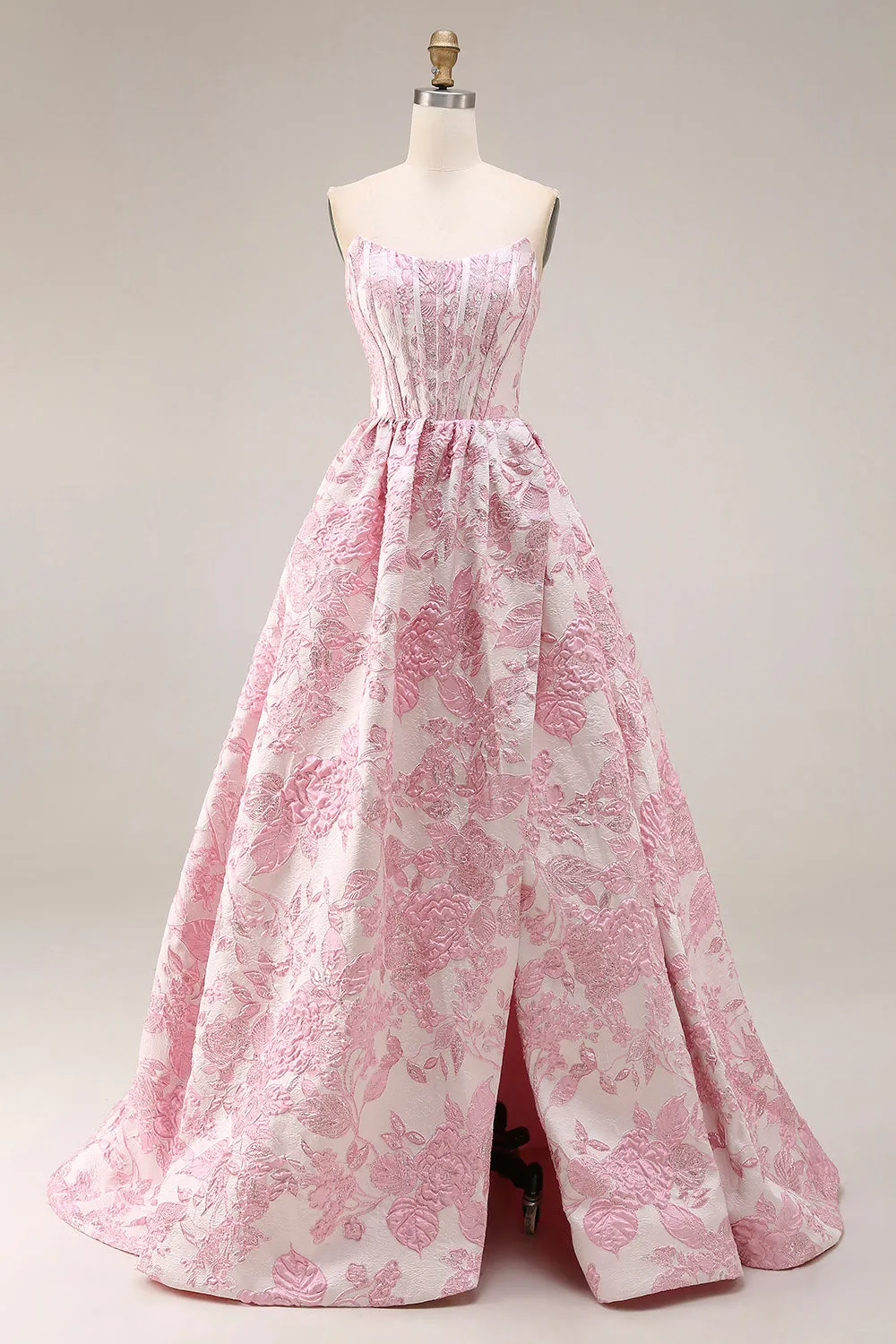 Pink Floral Strapless Corset Jacquard Brocade A-Line Long Prom Dress with Slit sold by Zapaka