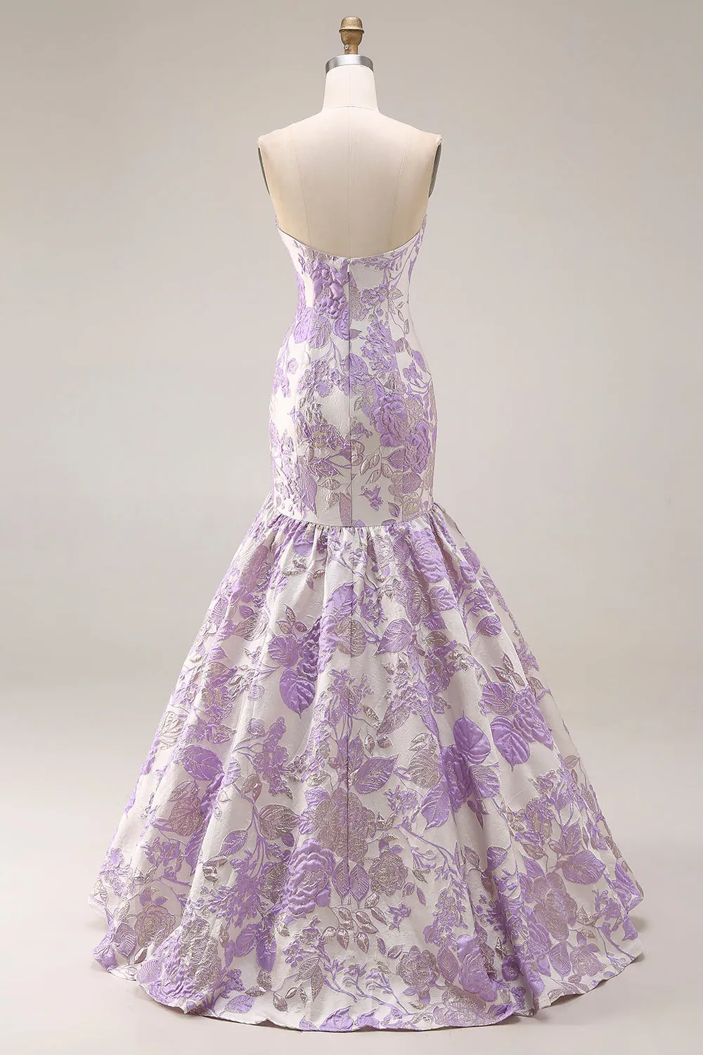 Strapless Mermaid Lilac Jacquard Satin Brocade Long Floral Prom Dress sold by Zapaka product image thumbnail 2