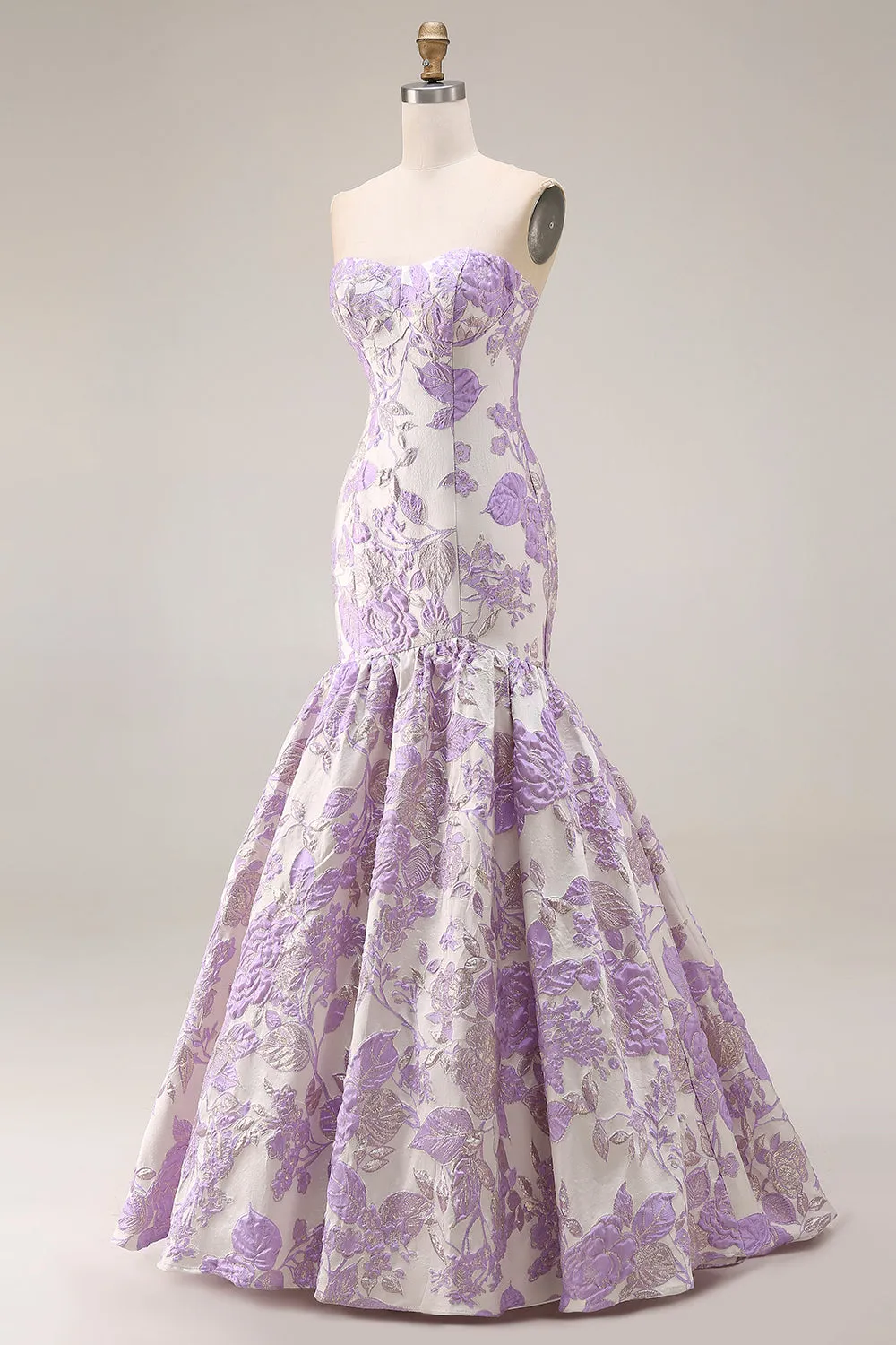 Strapless Mermaid Lilac Jacquard Satin Brocade Long Floral Prom Dress sold by Zapaka product image thumbnail 3