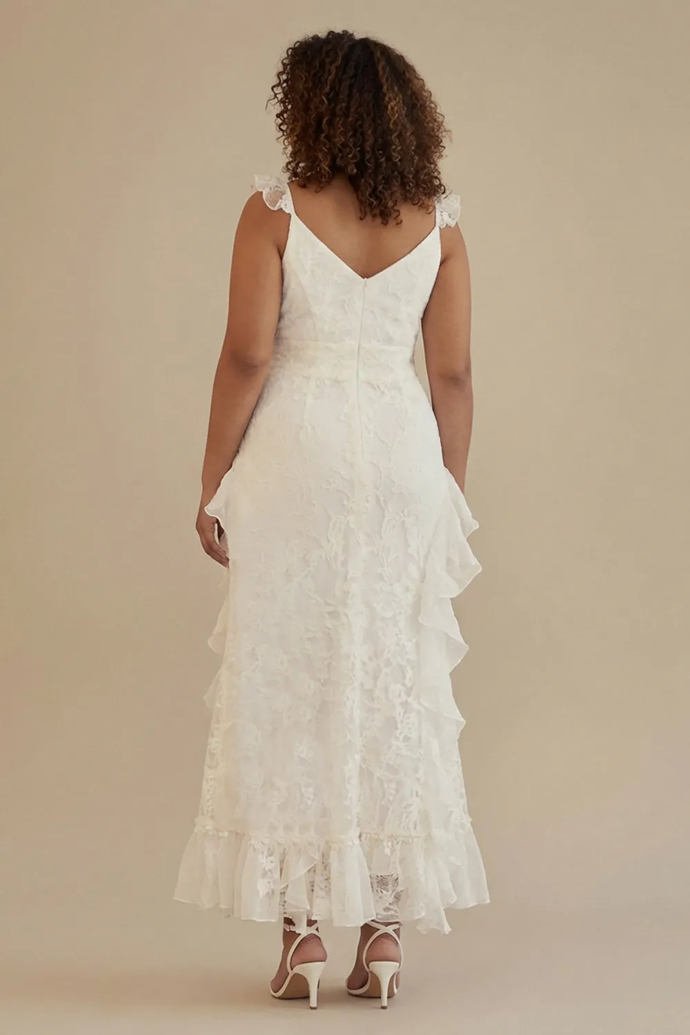 White A-Line Ruffled V-Neck Plus Size White Dress with Lace sold by Zapaka product image thumbnail 2