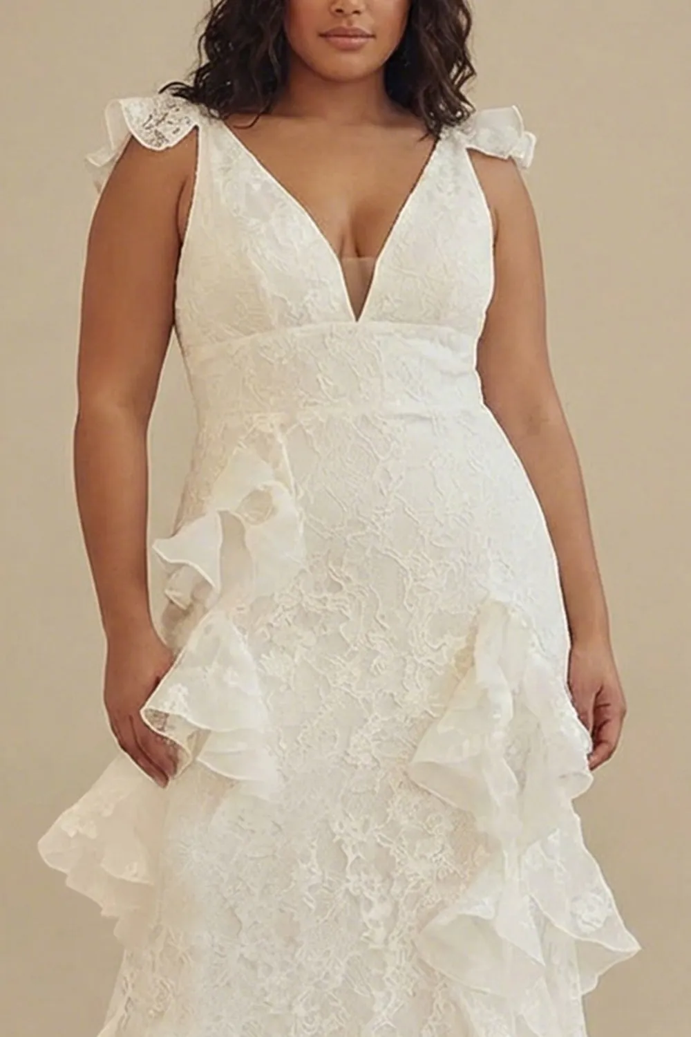 White A-Line Ruffled V-Neck Plus Size White Dress with Lace sold by Zapaka product image thumbnail 3
