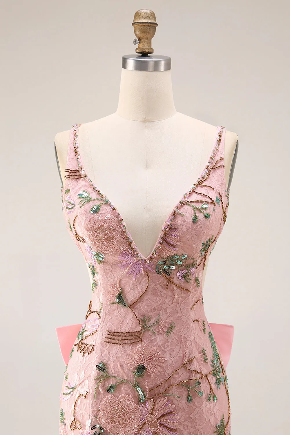 Fitted Beaded Open Back Sequins Long Floral Prom Dress with Detachable Bow sold by Zapaka product image thumbnail 4