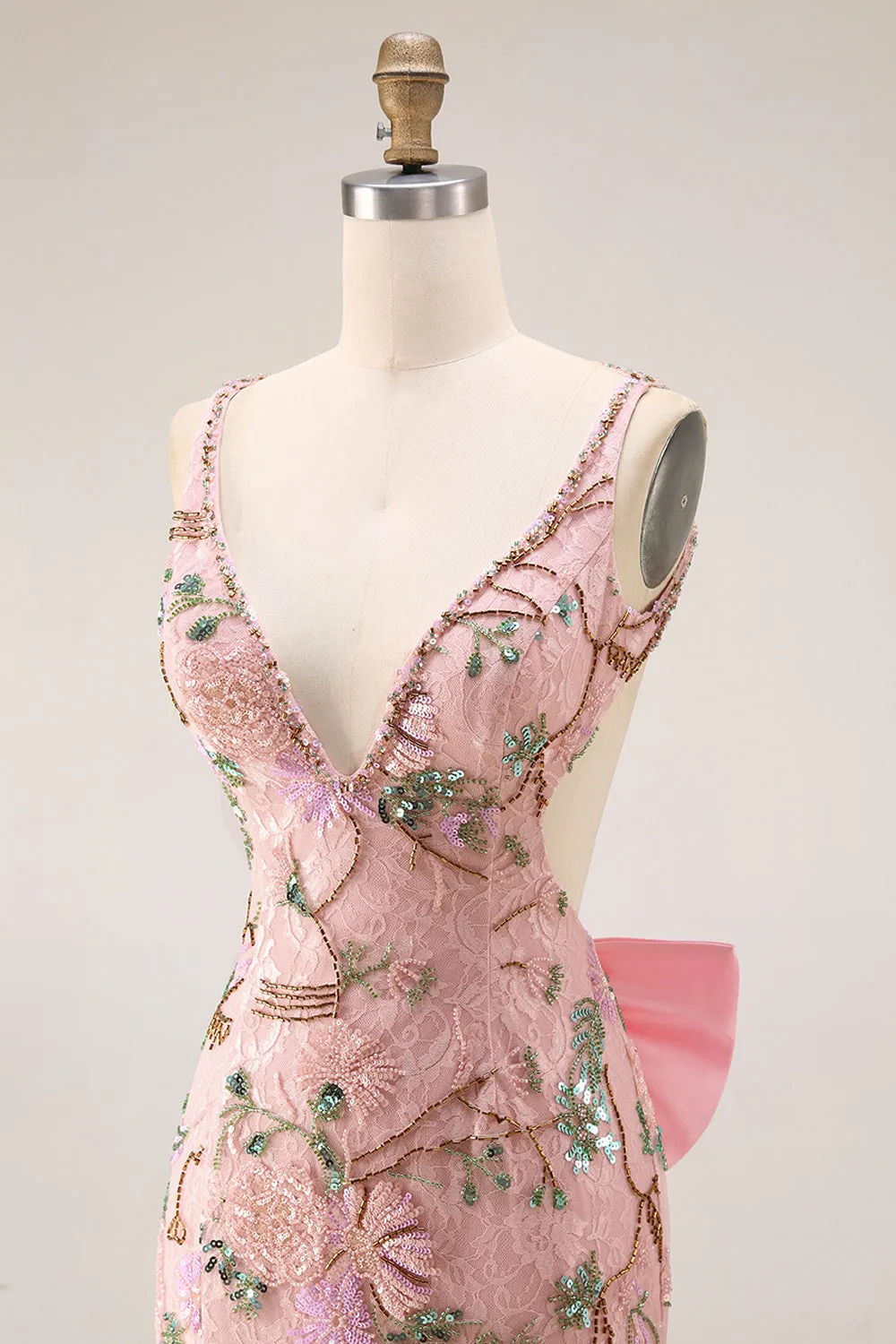 Fitted Beaded Open Back Sequins Long Floral Prom Dress with Detachable Bow sold by Zapaka product image thumbnail 5