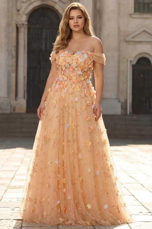Champagn Appliqued A-Line Off The Shoulder Convertible Long Plus Size Prom Dress sold by Zapaka