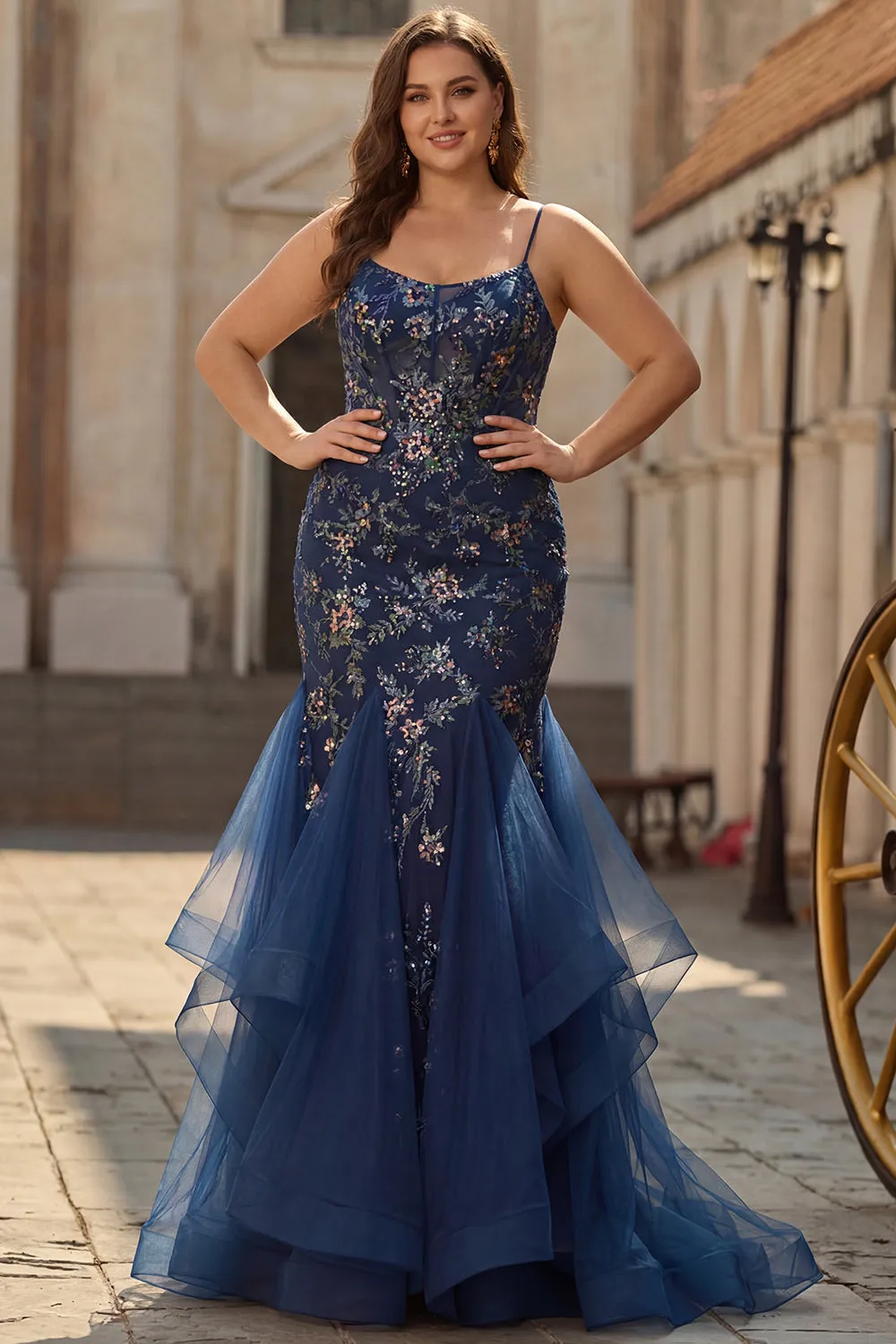 Navy Embroidered Corset Mermaid Long Plus Size Prom Dress with Lace Up Back sold by Zapaka