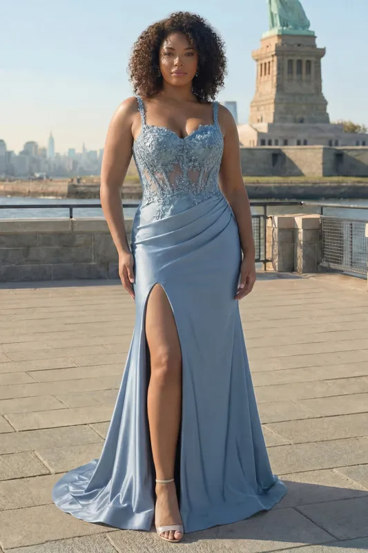 Grey Blue Corset Satin Mermaid Beaded Ruched Long Plus Size Prom Dress with Slit made by Zapaka