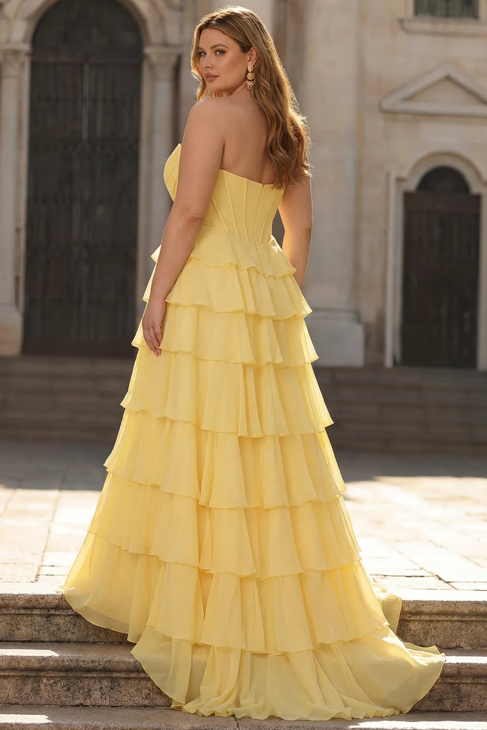 Yellow A Line Strapless Basque Waist Tiered Ruffled Long Plus Size Prom Dress with Slit sold by Zapaka product image thumbnail 2