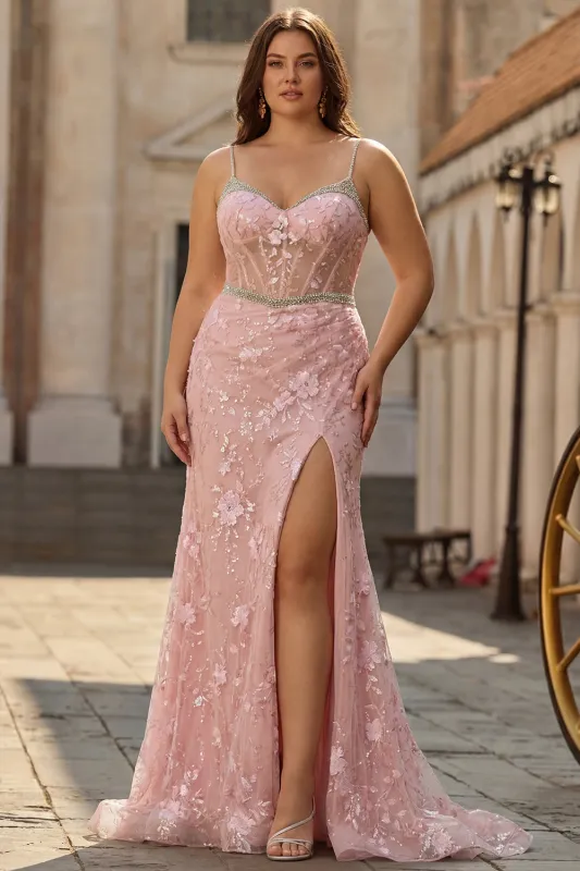Pink Appliqued Mermaid Spaghetti Straps Corset Plus Size Prom Dress with Slit sold by Zapaka
