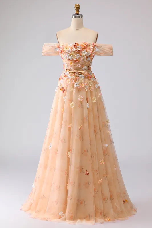 Champagne Off The Shoulder Floral A-Line Convertible Long Prom Dress sold by Zapaka