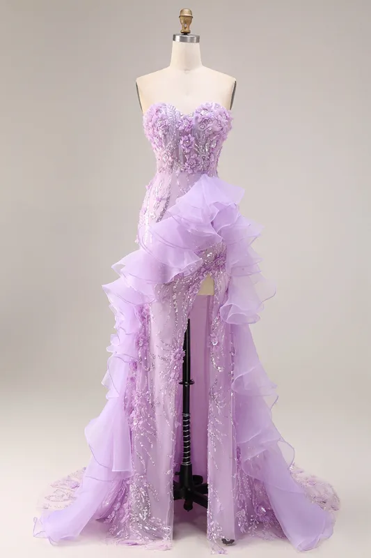Sparkly Lilac Sweetheart Ruffled Sheath Side Slit Long Prom Dress with 3D Flowers sold by Zapaka