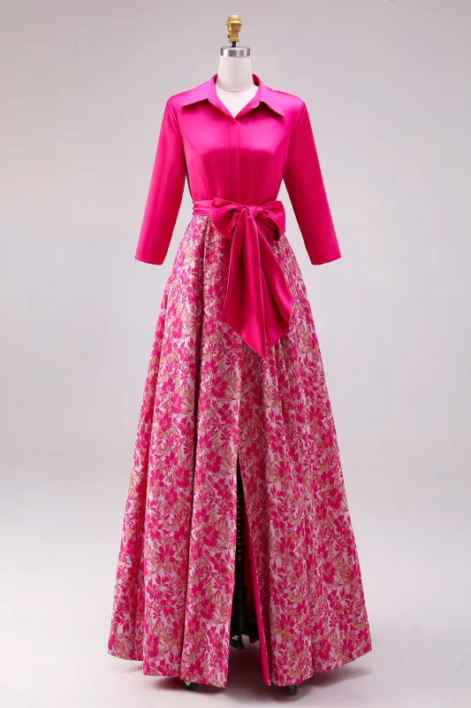 Fuchsia Floral A Line Satin Long Mother of the Bride Dress with Bowknot sold by Zapaka