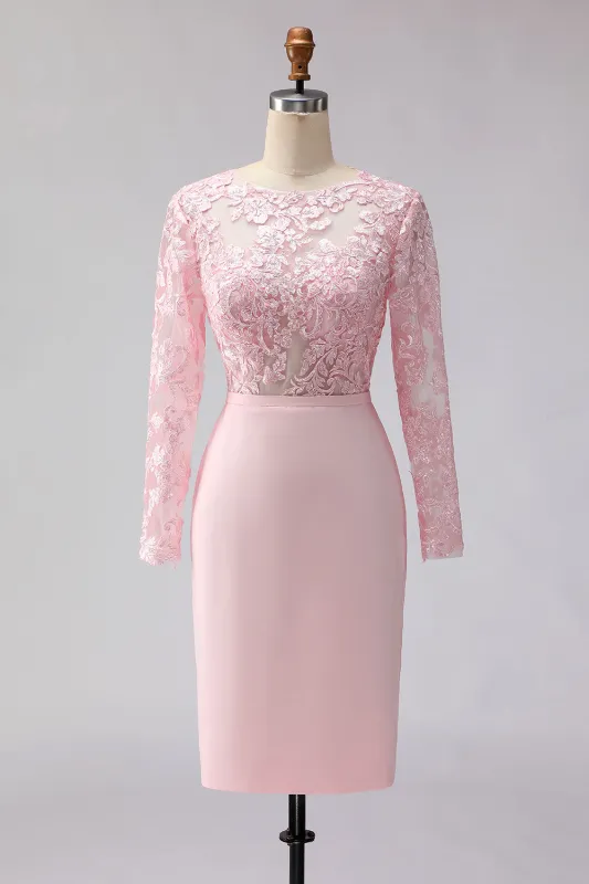 Blush Pink Appliqued Sheath Boat Neck Midi Mother of the Bride Dress with Sleeves sold by Zapaka