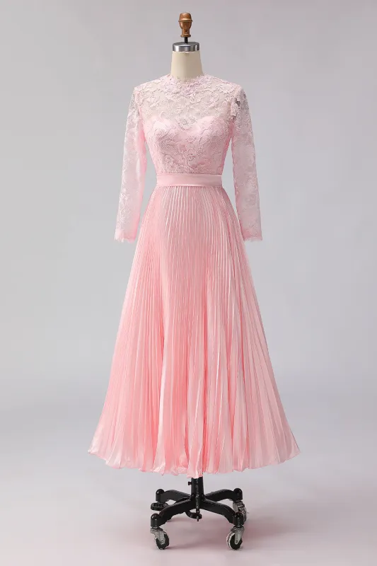 Blush Pink Chiffon Pleated A Line Midi Mother of the Bride Dress with Lace sold by Zapaka