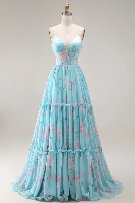 Blue Pink Flower A Line Ruffled Corset Spaghetti Straps Chiffon Long Prom Dress sold by Zapaka