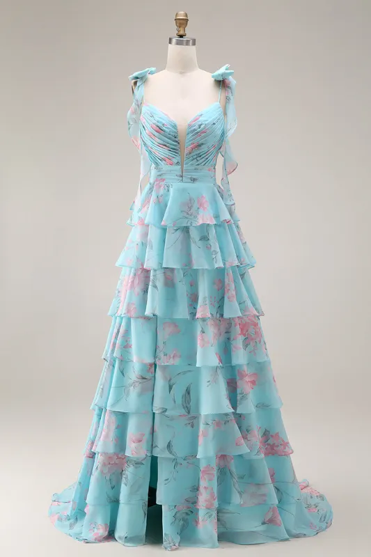 Blue Pink Flower A Line Ruffled Tiered Chiffon Long Prom Dress with Slit sold by Zapaka