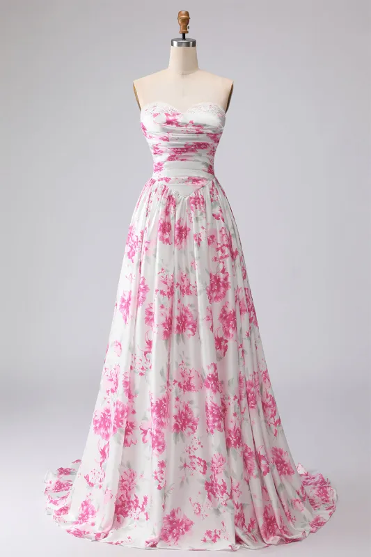 White Fuchsia Flower Printed Strapless Pleated A-Line Prom Dress made by Zapaka