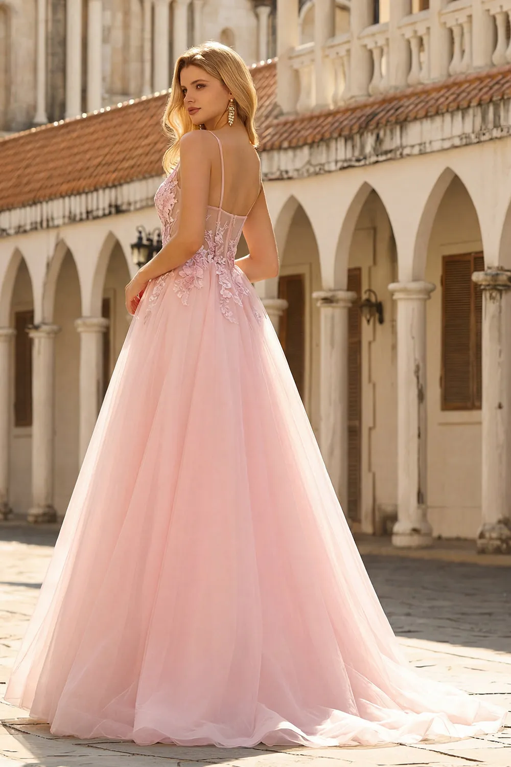 Blush Appliqued A-Line Tulle Corset Spaghetti Straps Long Prom Dress sold by Zapaka product image thumbnail 5