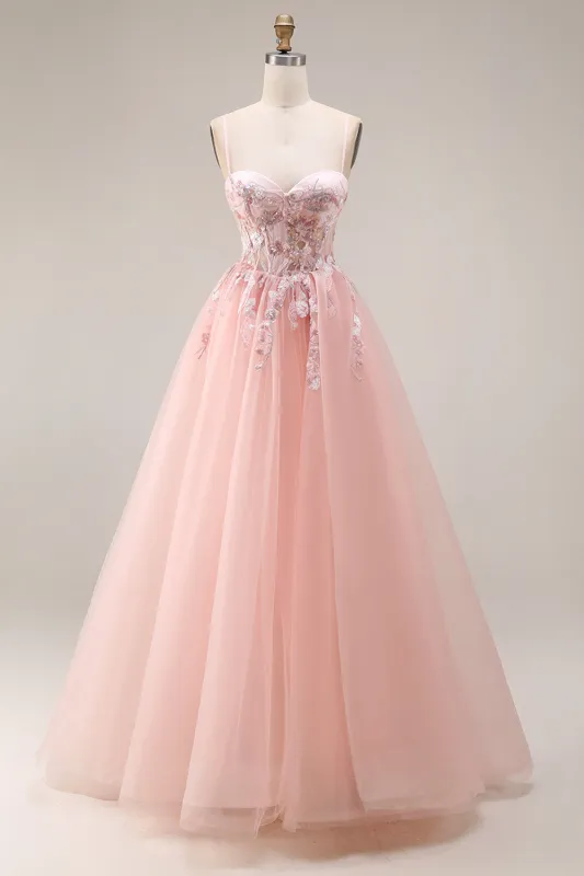 Blush Appliqued A-Line Tulle Corset Spaghetti Straps Long Prom Dress sold by Zapaka