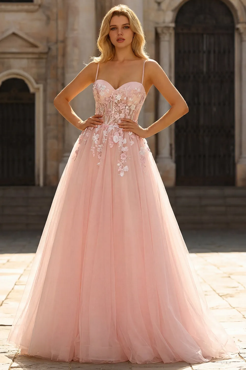 Blush Appliqued A-Line Tulle Corset Spaghetti Straps Long Prom Dress sold by Zapaka product image thumbnail 4