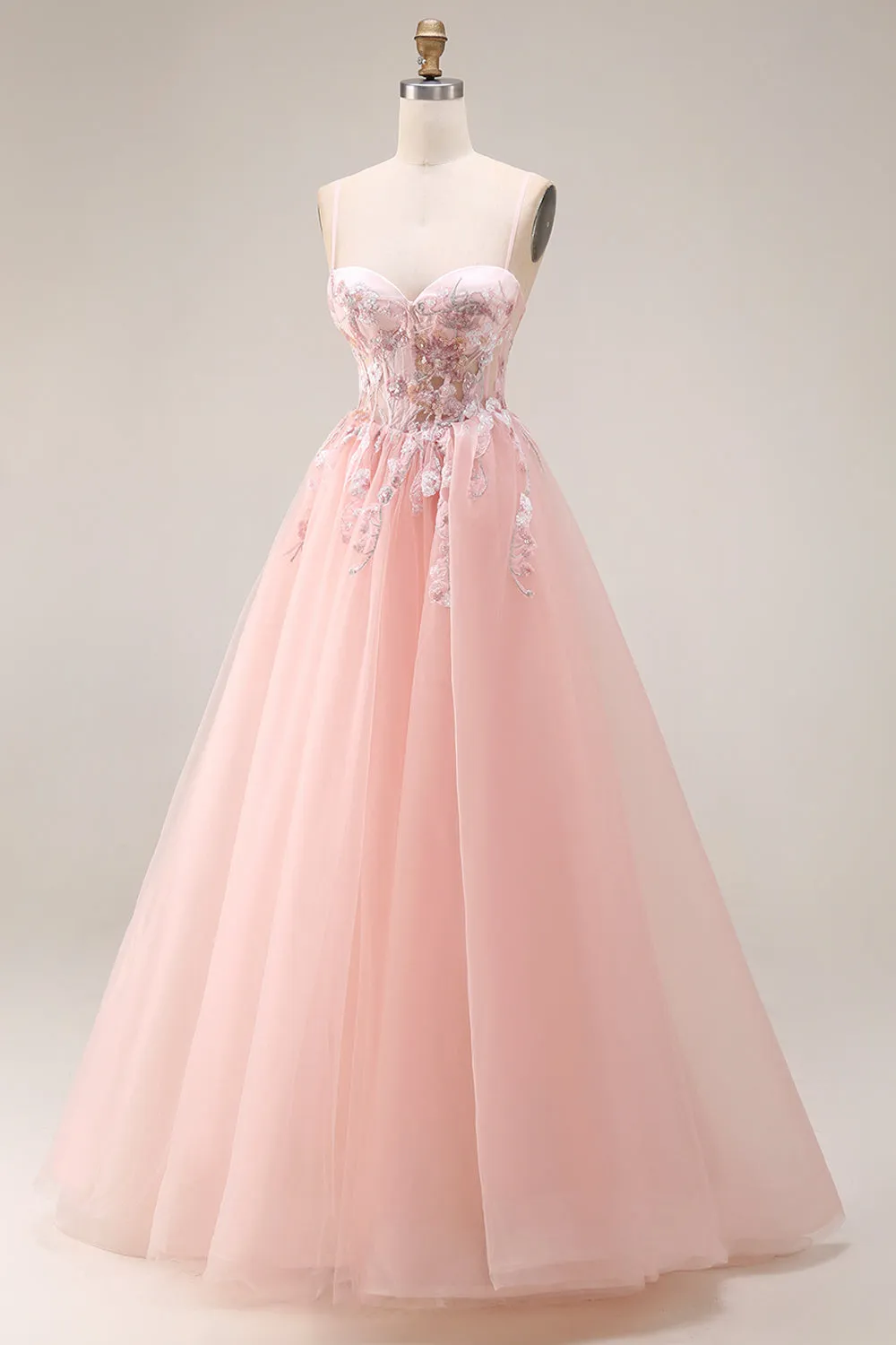 Blush Appliqued A-Line Tulle Corset Spaghetti Straps Long Prom Dress sold by Zapaka product image thumbnail 3
