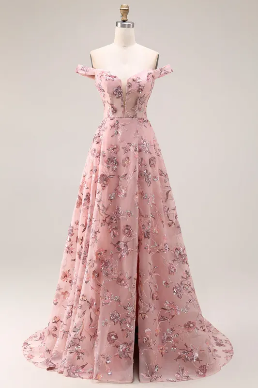 Blush Floral Off The Shoulder A Line Long Prom Dress with Slit sold by Zapaka