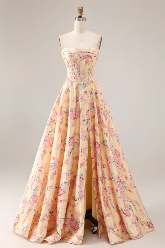 Yellow Pink Flowers Strapless A Line Basque Waist Long Prom Dress with Slit sold by Zapaka