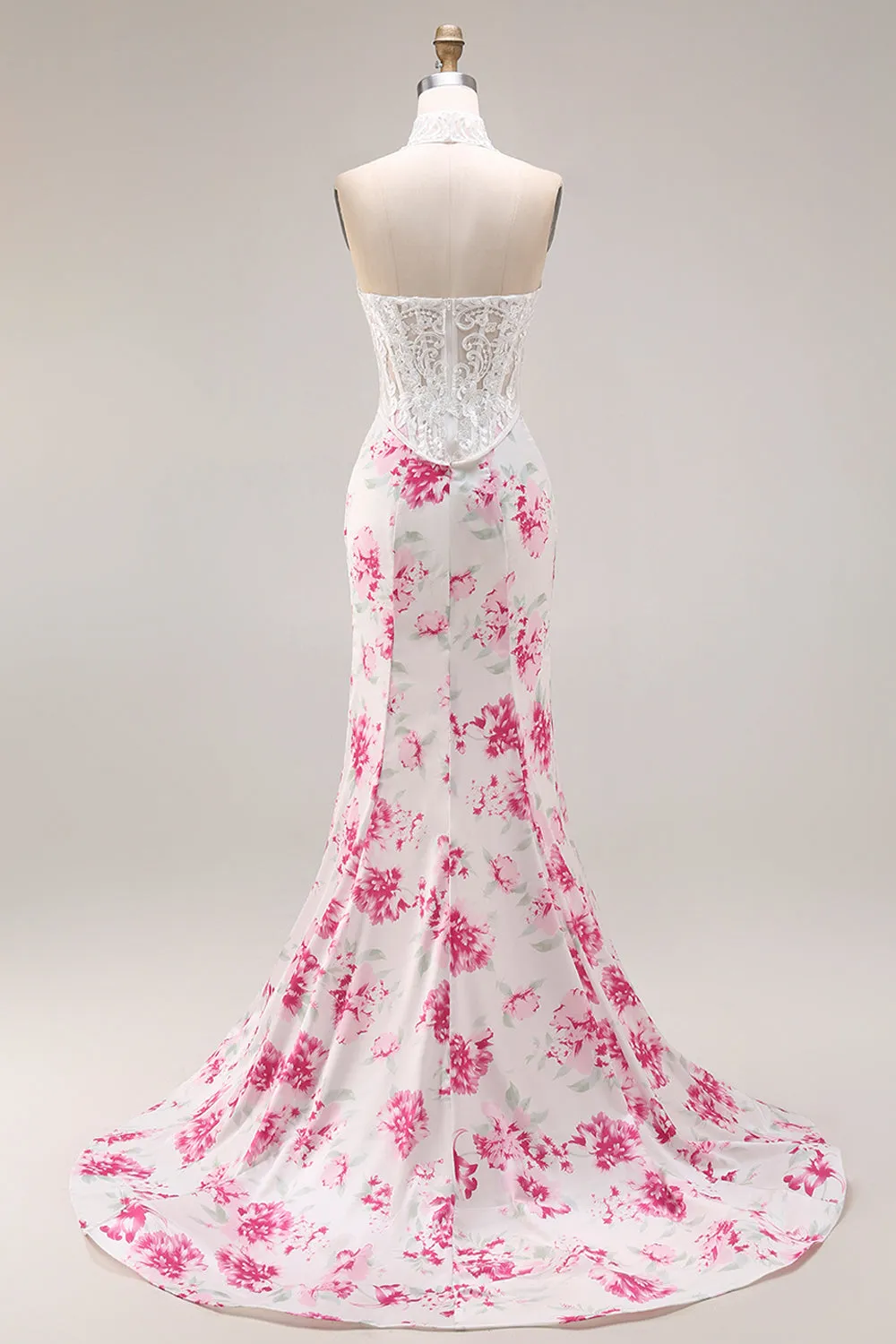 White Fuchsia Flower Lace Corset Mermaid Long Prom Dress sold by Zapaka product image thumbnail 2