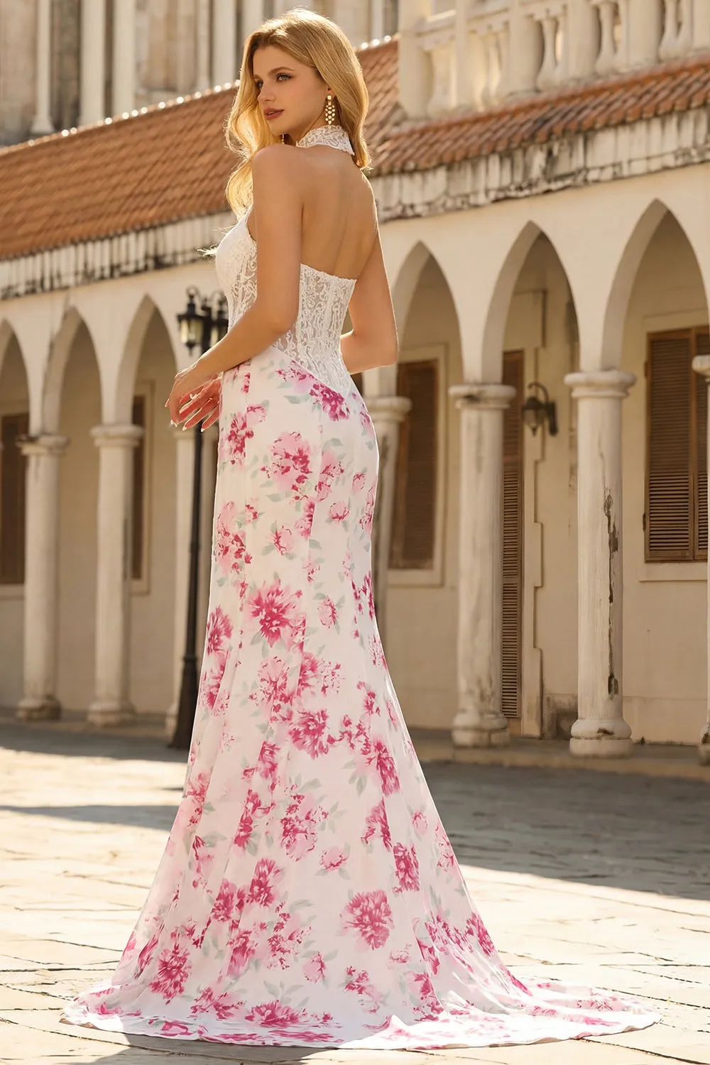 White Fuchsia Flower Lace Corset Mermaid Long Prom Dress sold by Zapaka product image thumbnail 5