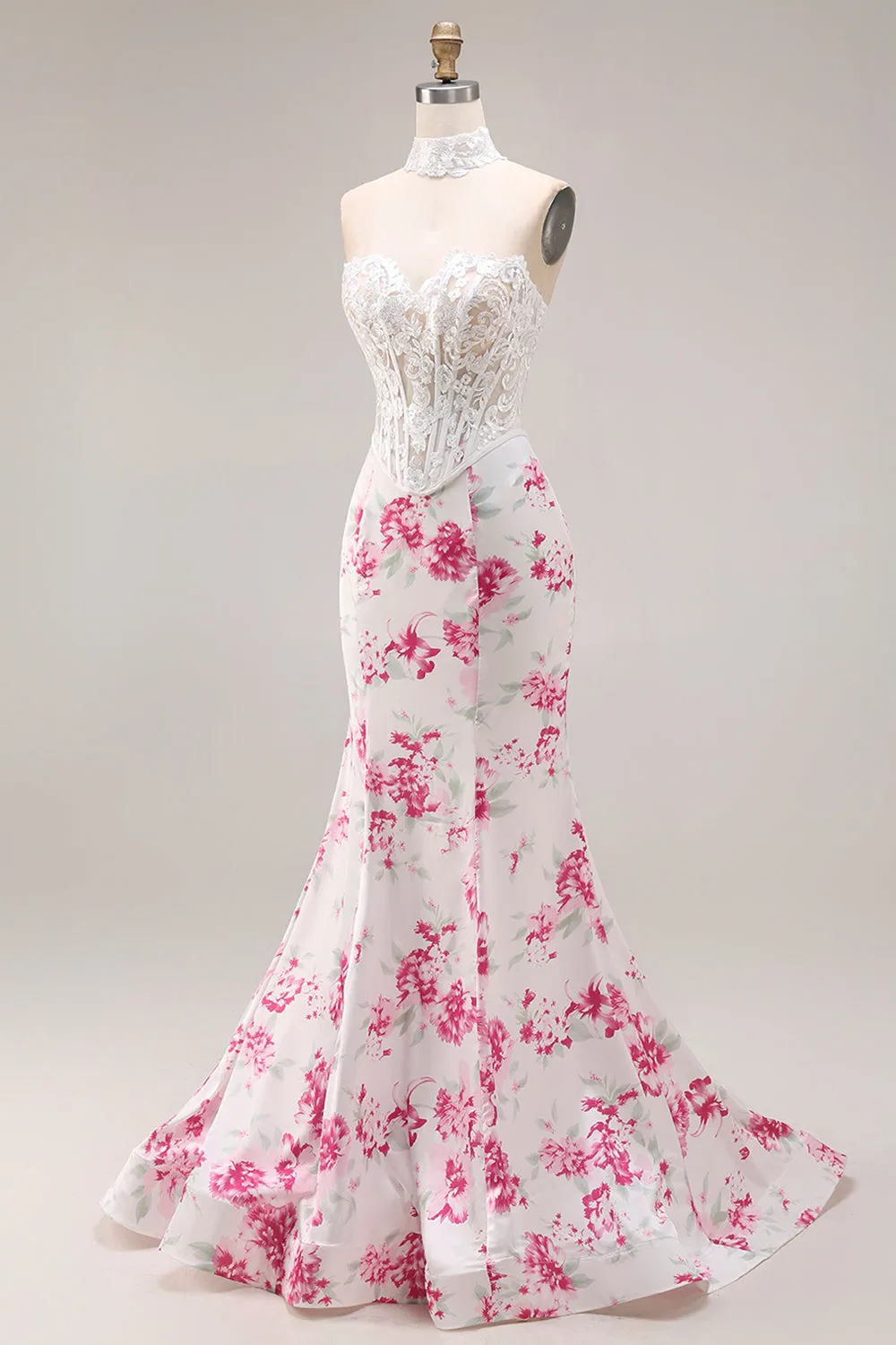 White Fuchsia Flower Lace Corset Mermaid Long Prom Dress sold by Zapaka product image thumbnail 3