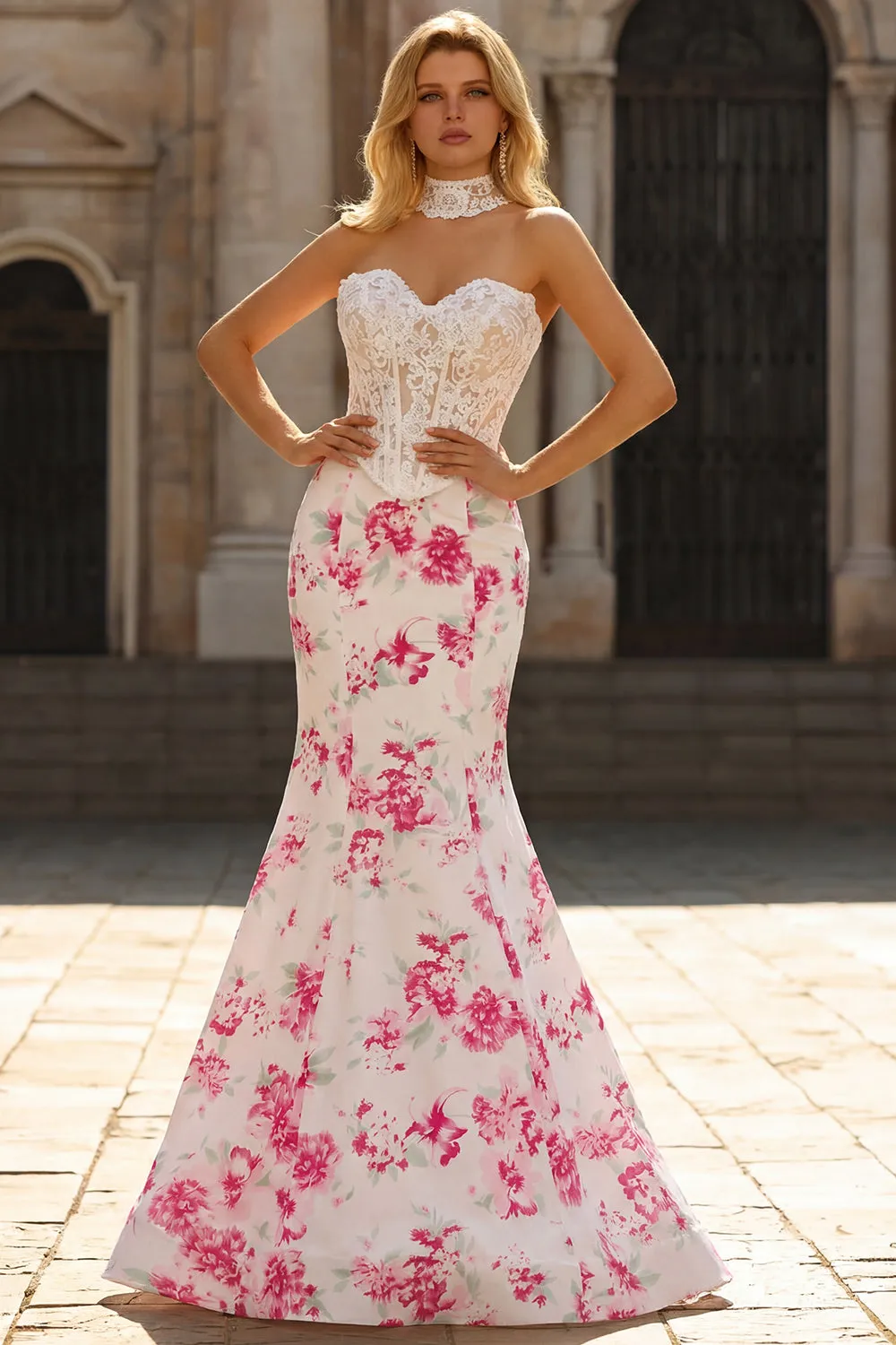 White Fuchsia Flower Lace Corset Mermaid Long Prom Dress sold by Zapaka product image thumbnail 4