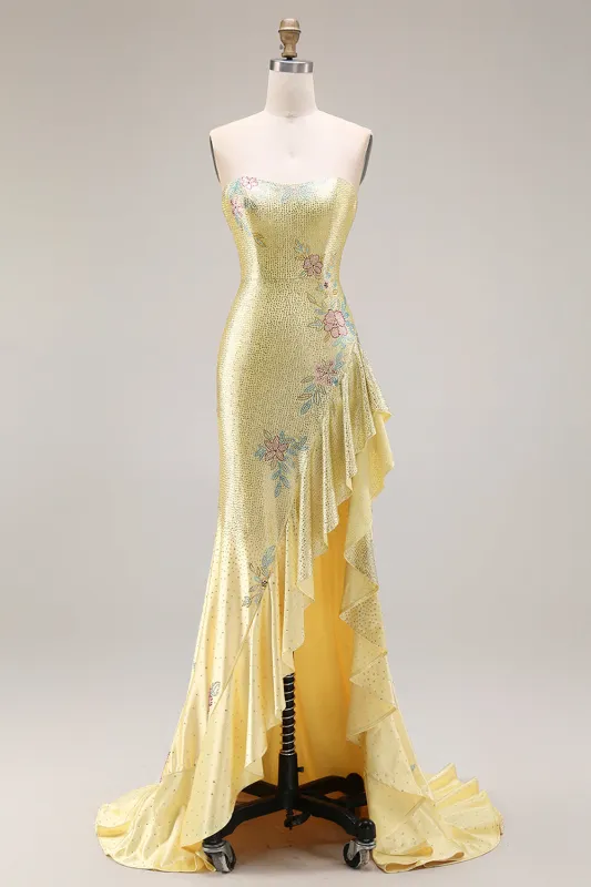 Yelllow Beaded Mermaid Long Prom Dress with Ruffled Slit sold by Zapaka