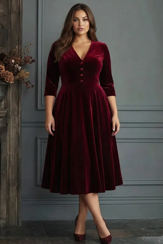 Plus Size Burgundy Velvet A Line V-Neck Midi Work Dress with Half Sleeves made by Zapaka