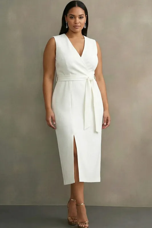Plus Size White V-Neck Satin Midi Formal Dress with Belt made by Zapaka