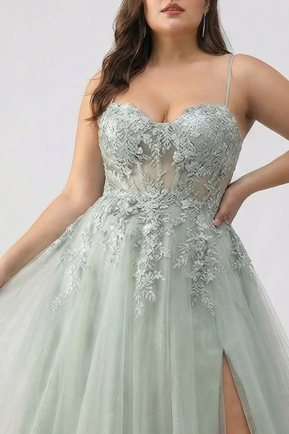 Sage Green A-Line Embroidered Long Tulle Prom Dress with Slit sold by Zapaka product image thumbnail 4