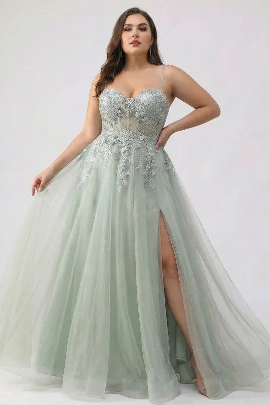 Sage Green A-Line Embroidered Long Tulle Prom Dress with Slit sold by Zapaka