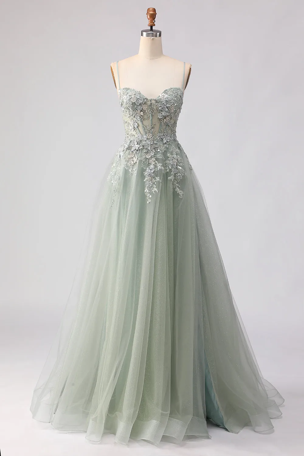 Sage Green A-Line Embroidered Long Tulle Prom Dress with Slit sold by Zapaka product image thumbnail 5