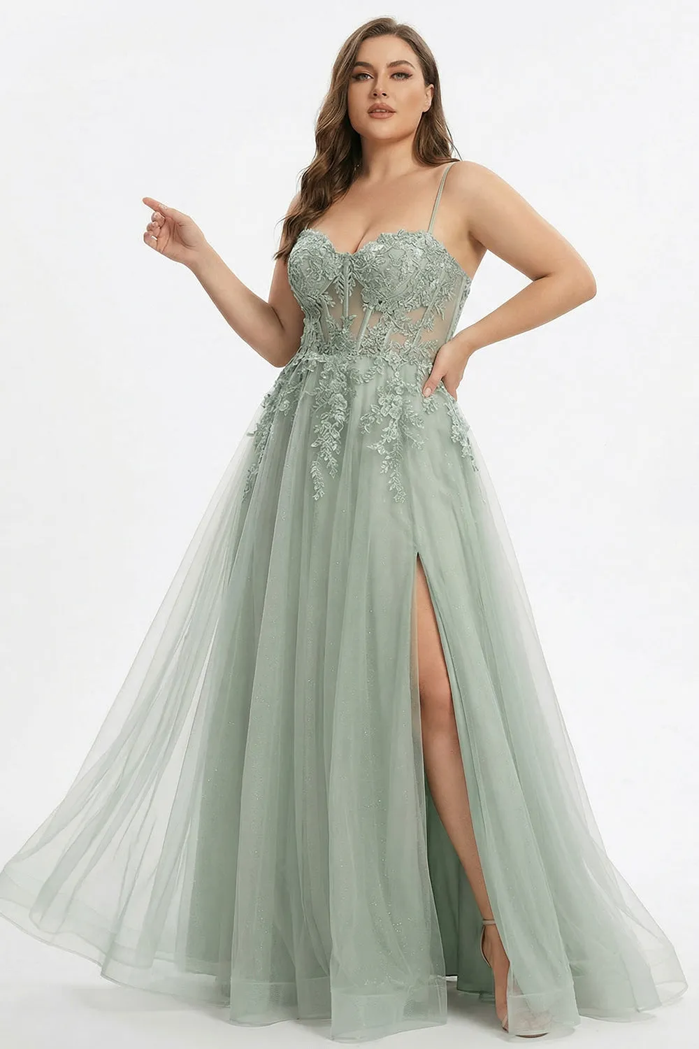 Sage Green A-Line Embroidered Long Tulle Prom Dress with Slit sold by Zapaka product image thumbnail 2