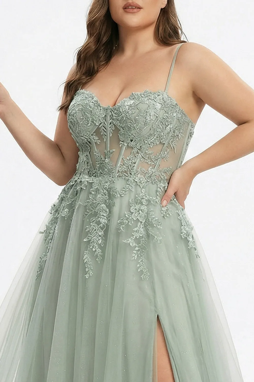Sage Green A-Line Embroidered Long Tulle Prom Dress with Slit sold by Zapaka product image thumbnail 3