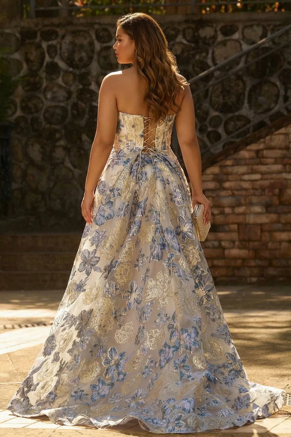 Dusty Blue Floral Strapless Brocade Corset A Line Long Plus Size Prom Dress with Slit sold by Zapaka product image thumbnail 2