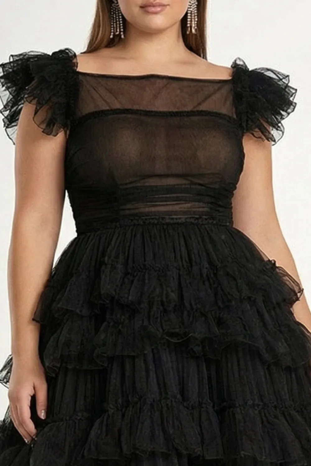 Black A-Line Flatter Sleeves Ruffled Tulle Plus Size Midi Formal Dress sold by Zapaka product image thumbnail 3