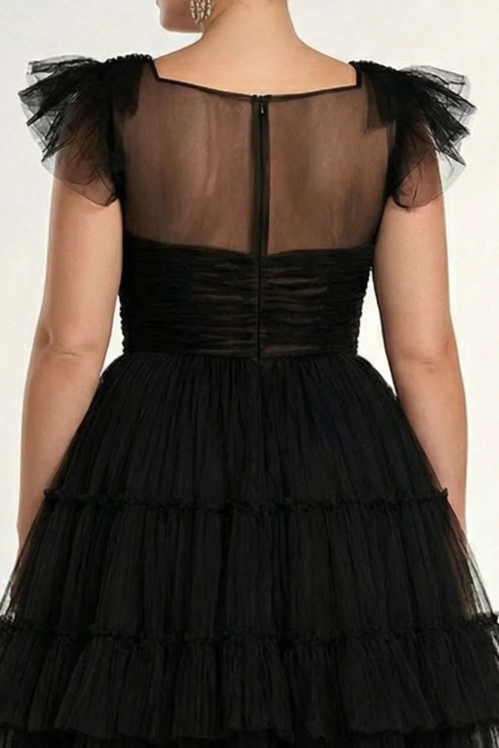 Black A-Line Flatter Sleeves Ruffled Tulle Plus Size Midi Formal Dress sold by Zapaka product image thumbnail 4
