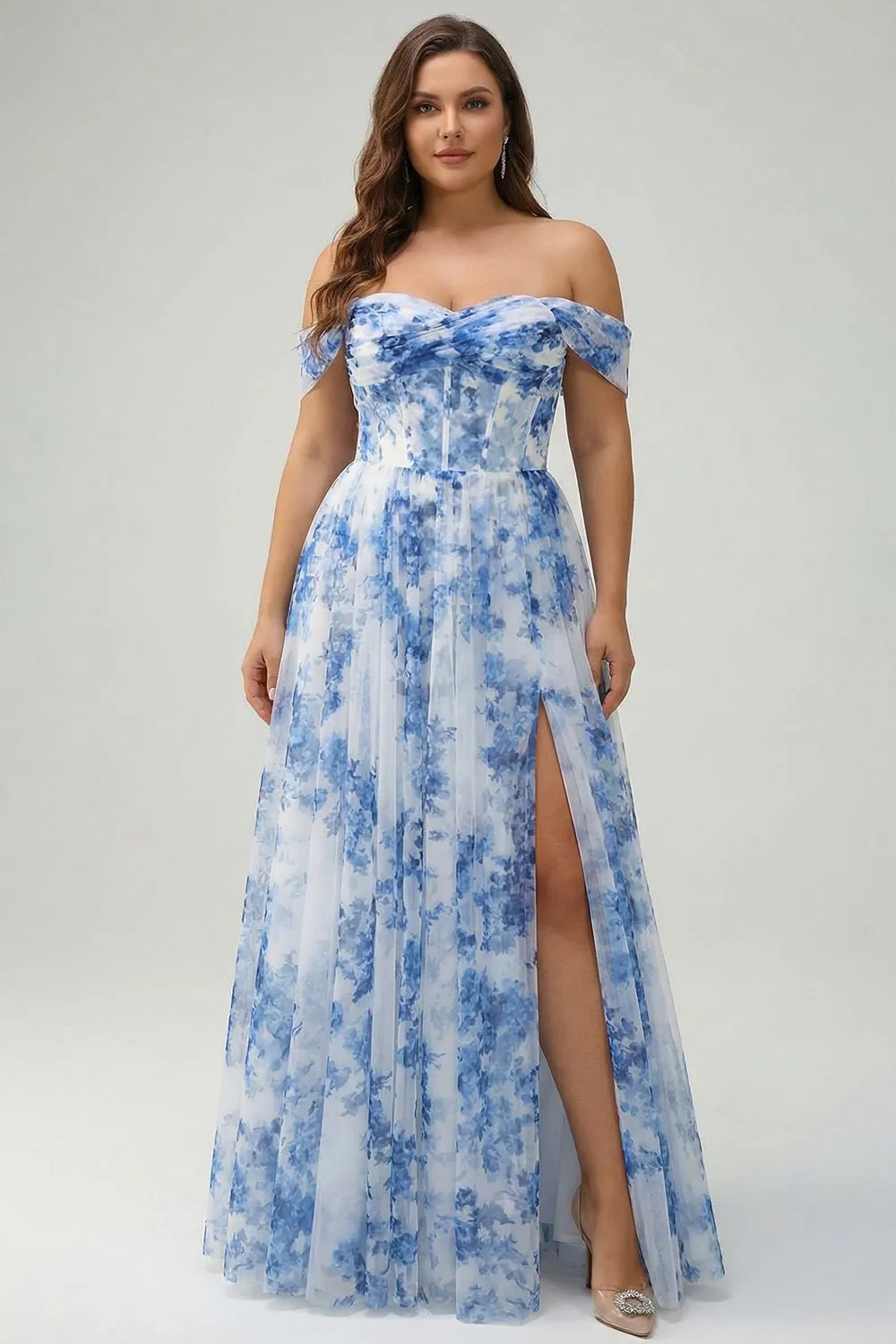 White Blue Flower Off the Shoulder Corset A-Line Plus Size Bridesmaid Dress with Slit sold by Zapaka