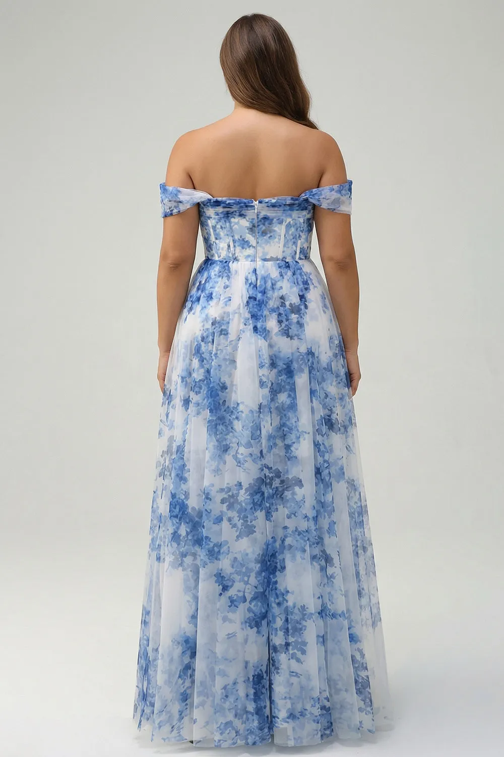 White Blue Flower Off the Shoulder Corset A-Line Plus Size Bridesmaid Dress with Slit sold by Zapaka product image thumbnail 2