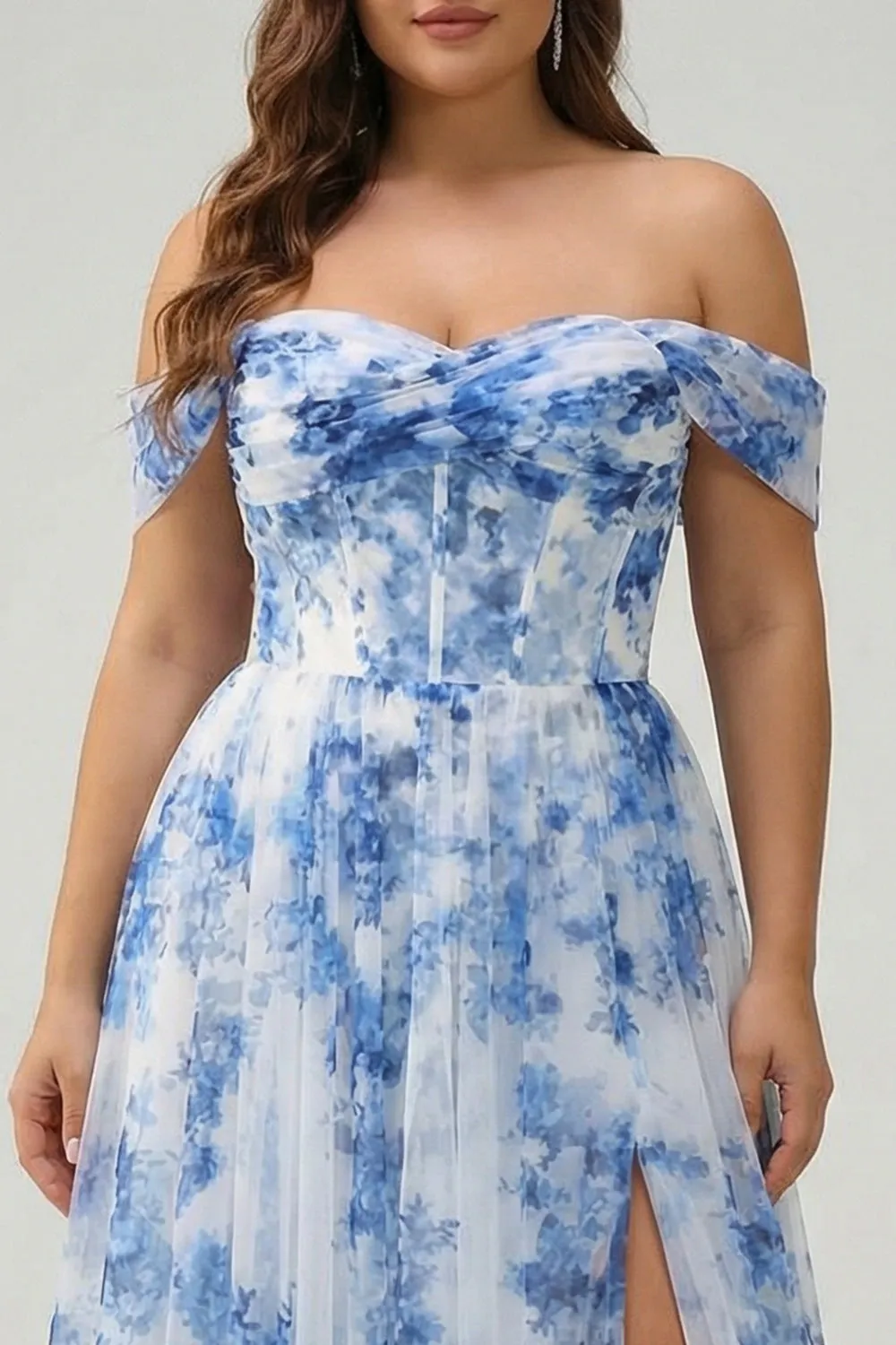 White Blue Flower Off the Shoulder Corset A-Line Plus Size Bridesmaid Dress with Slit sold by Zapaka product image thumbnail 3