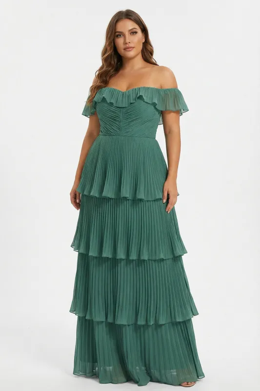 Eucalyptus Pleated Tiered Off the Shoulder A Line Long Plus Size Bridesmaid Dress made by Zapaka