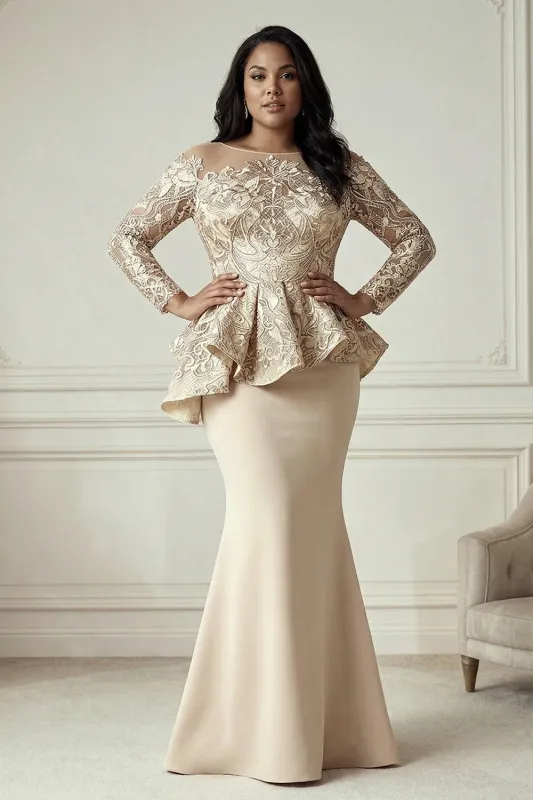 Champagne Mermaid Ruffled Long Sleeves Plus Size Mother of the Bride Dress sold by Zapaka
